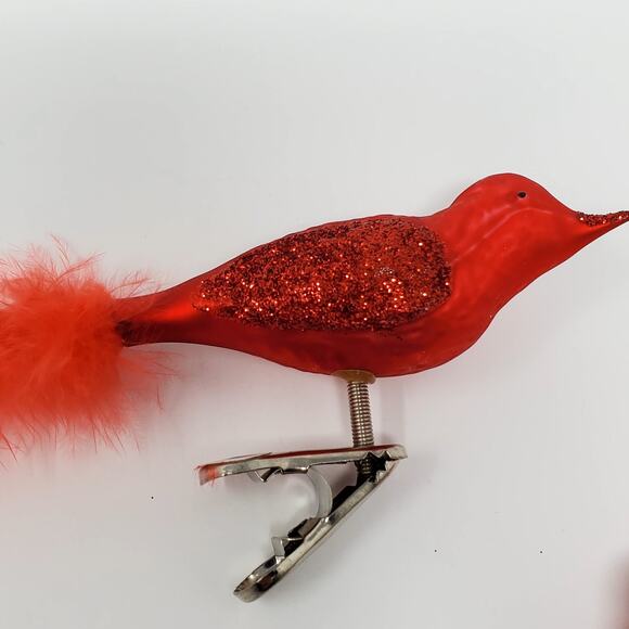 Vintage Red Bird Glass Christmas Tree Clip On Ornaments w/Real Feather Tail X3 - Picture 4 of 6